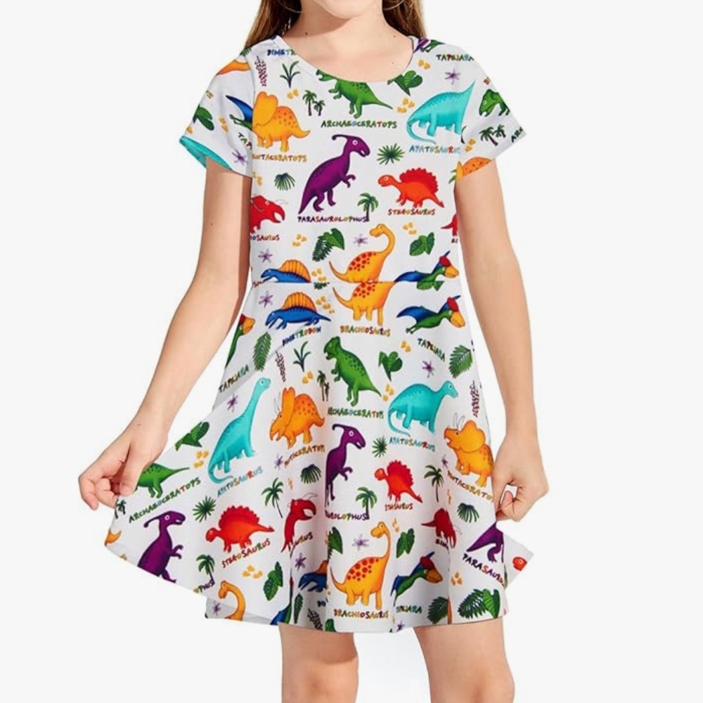 Little Girl Dress Short Sleeve Casual Dinosaurs Sundress: Size Medium